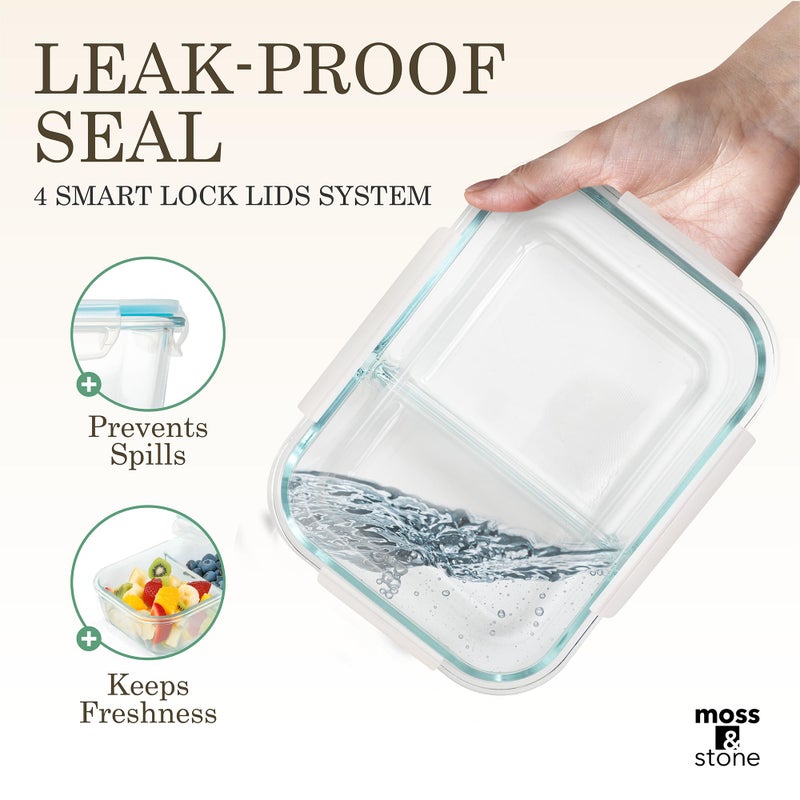 Moss & Stone Moss and Stone Rectangular Borosilicate Glass Meal Food Containers - Prep Food Storage Containers Airtight - Snap Locking Lids â€“ Microwave, Oven, Freezer, Dishwasher Safe â€“ with 2 Compartment 2 Pack - Image 2